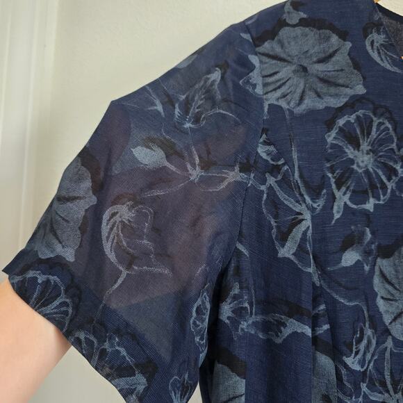 Vintage Burberrys Linen Blend Floral Midi Dress Navy Size 16 Short Sheer Sleeves - Picture 4 of 7